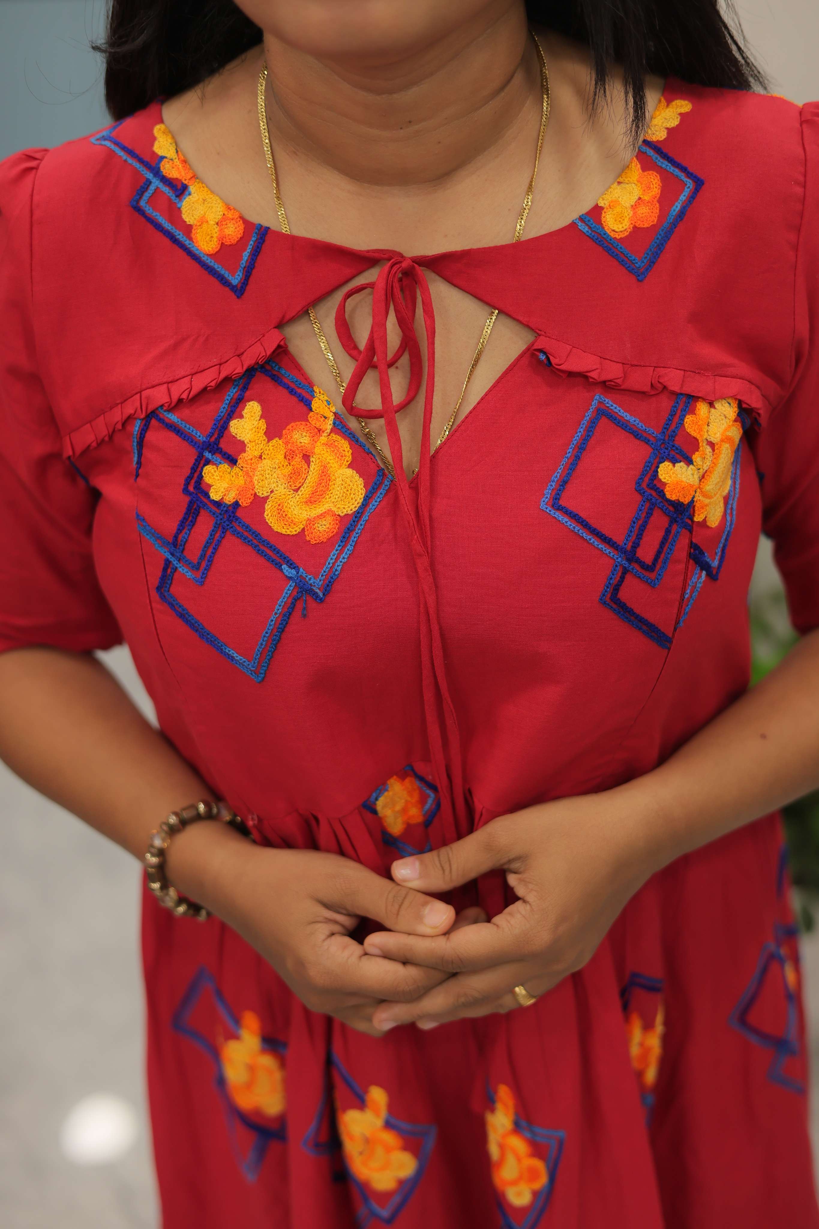 RED MATERNITY DRESS WITH EMBRODIERY WORK | Designer Maternity Wear | Feeding Friendly Dress | Comfortable Pregnancy Outfit |MK-MW-1074