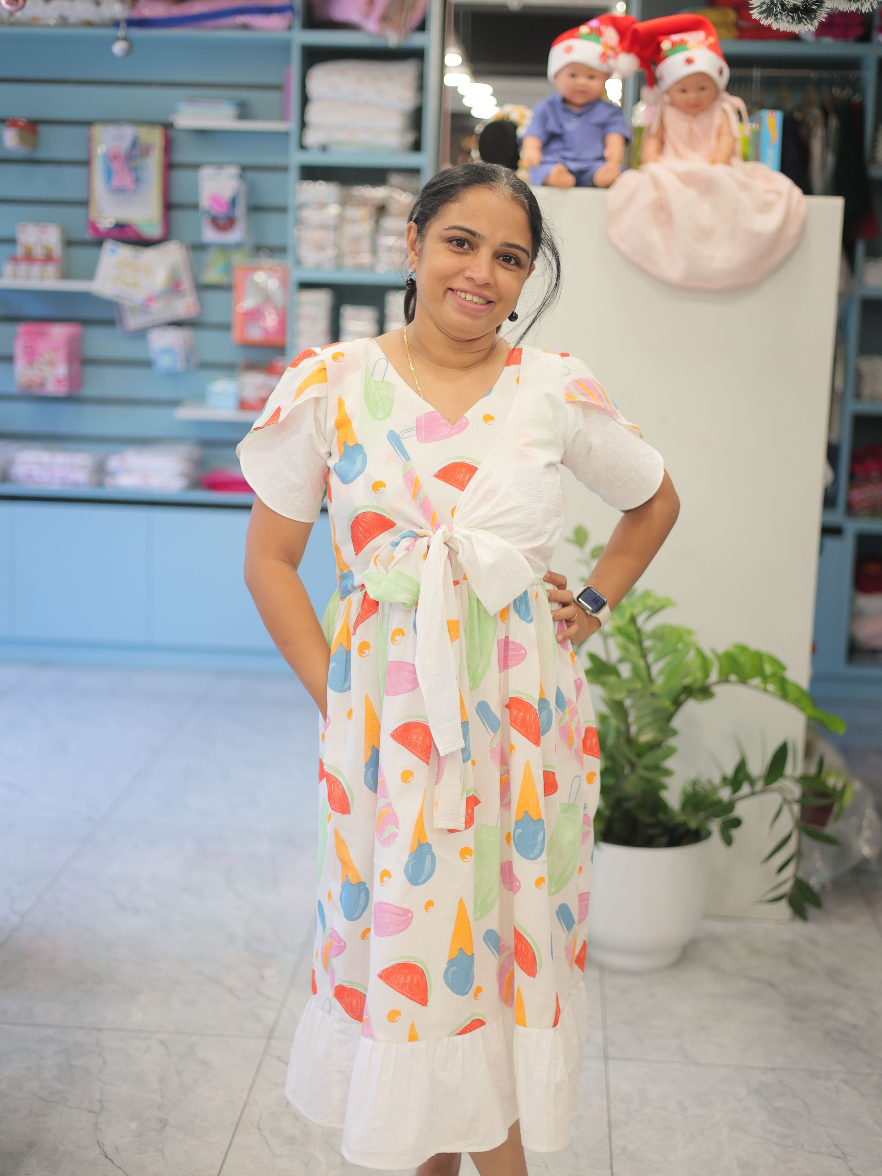 CANDY POP MATERNITY FEEDING DRESS WITH ATTACHED OVERCOAT| Designer Maternity Wear| Feeding Friendly Dress| Comfortable Pregnancy Outfit|MK-MW-1075