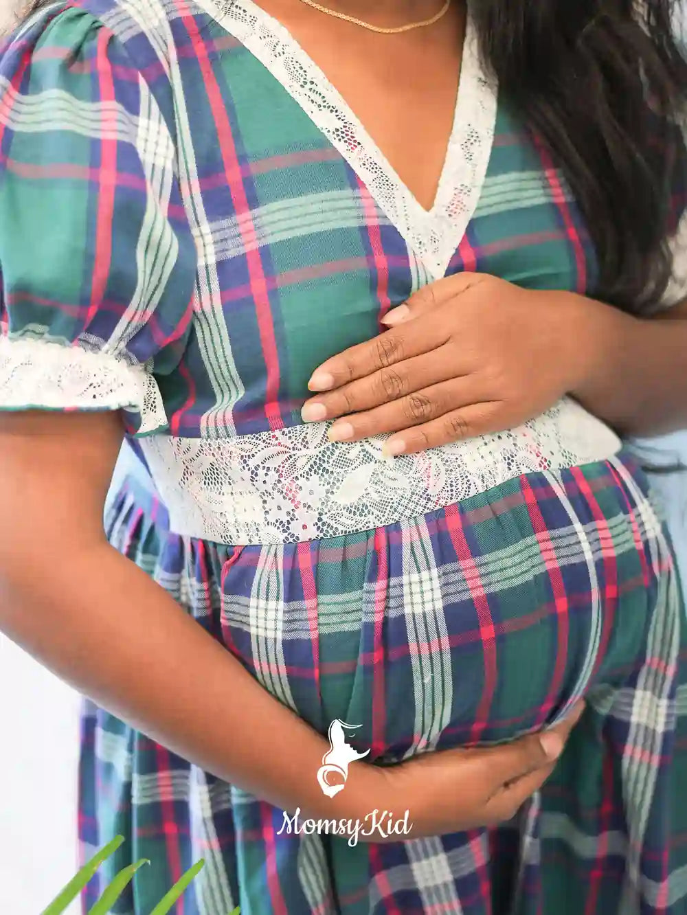 GREEN CHECK COTTON CHRISTMAS THEMED LACE DETAILING DRESS | MK-MW-1067