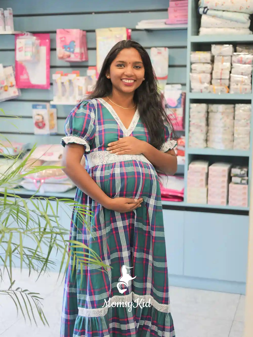 GREEN CHECK COTTON CHRISTMAS THEMED LACE DETAILING DRESS  | Designer Maternity Wear | Feeding Friendly Dress | Comfortable Pregnancy Outfit| MK-MW-1067