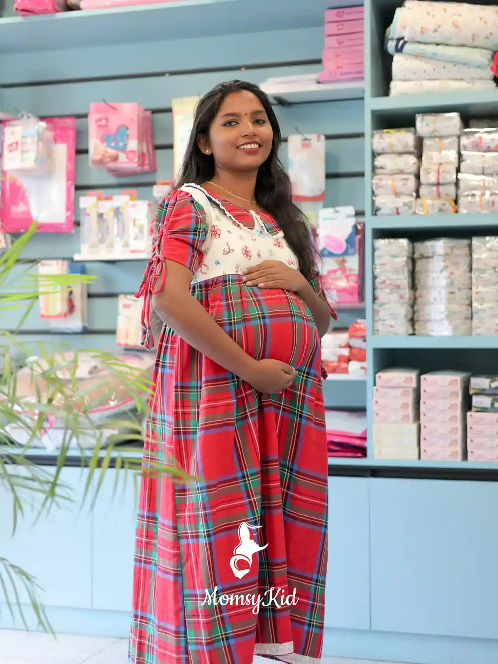 RED PETER PAN COLLAR CHECK CHRISTMAS MIDI DRESS | MK-MW-1068