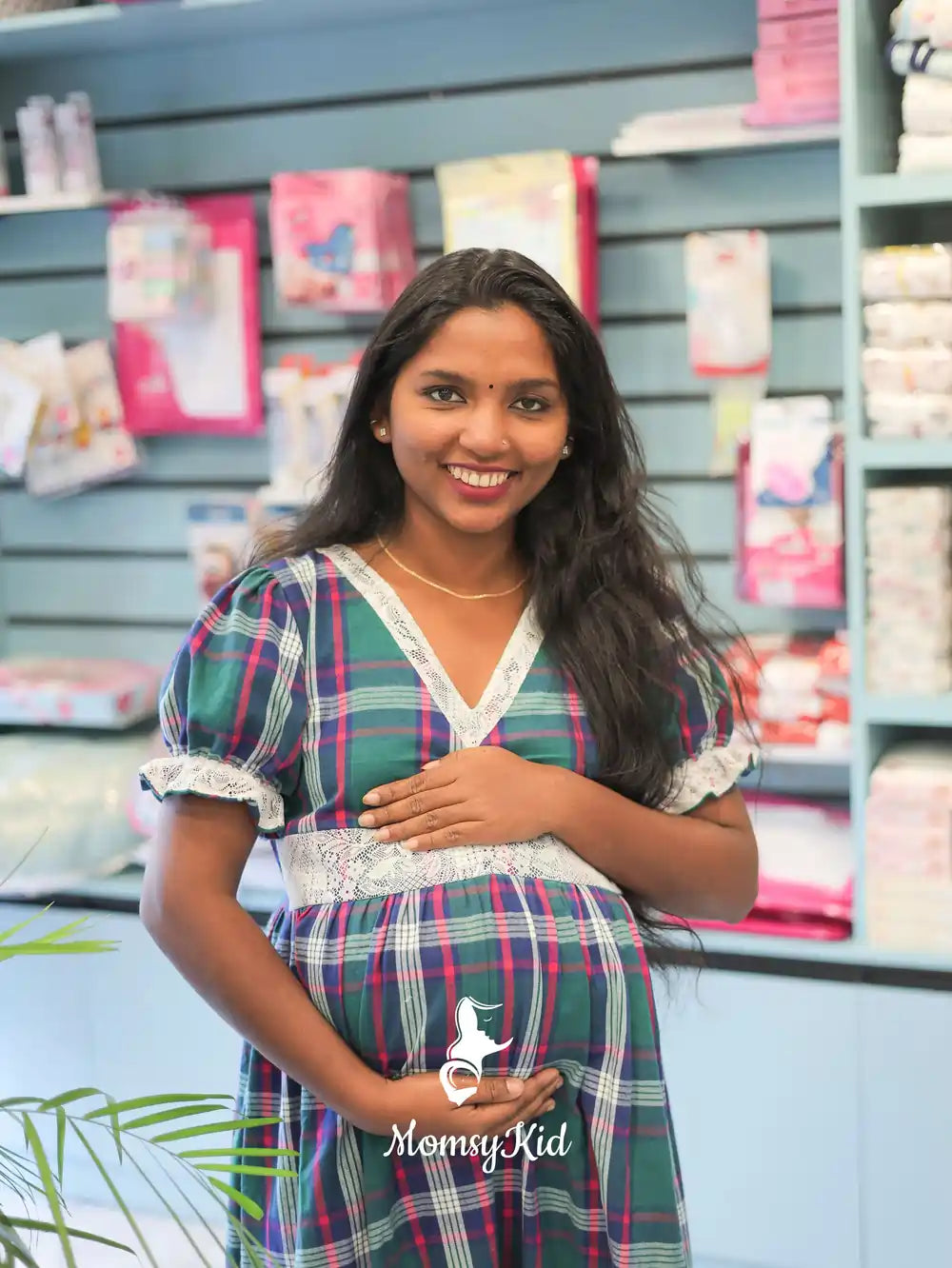 GREEN CHECK COTTON CHRISTMAS THEMED LACE DETAILING DRESS  | Designer Maternity Wear | Feeding Friendly Dress | Comfortable Pregnancy Outfit| MK-MW-1067