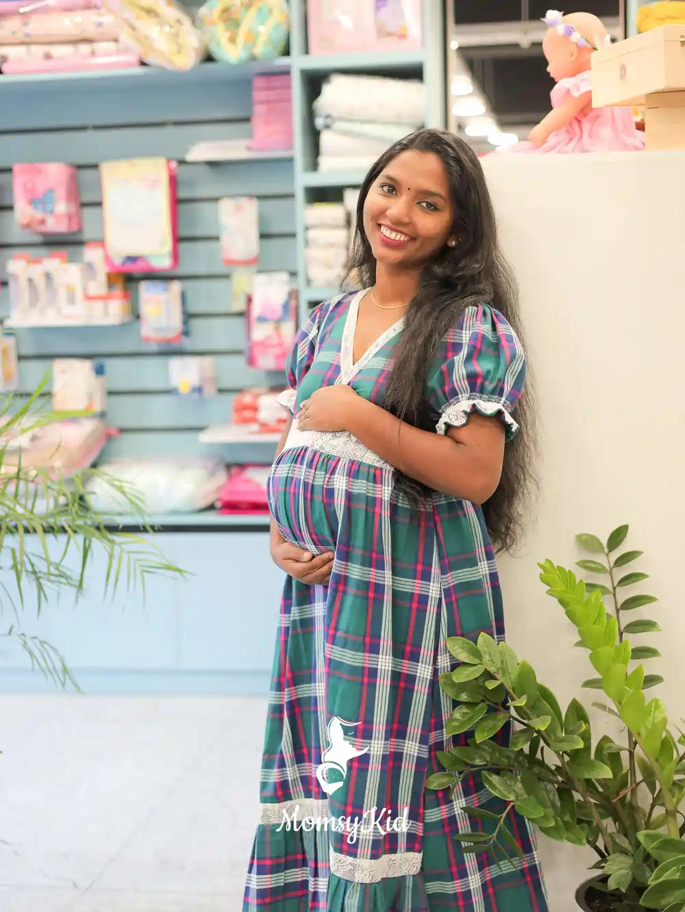 GREEN CHECK COTTON CHRISTMAS THEMED LACE DETAILING DRESS | MK-MW-1067