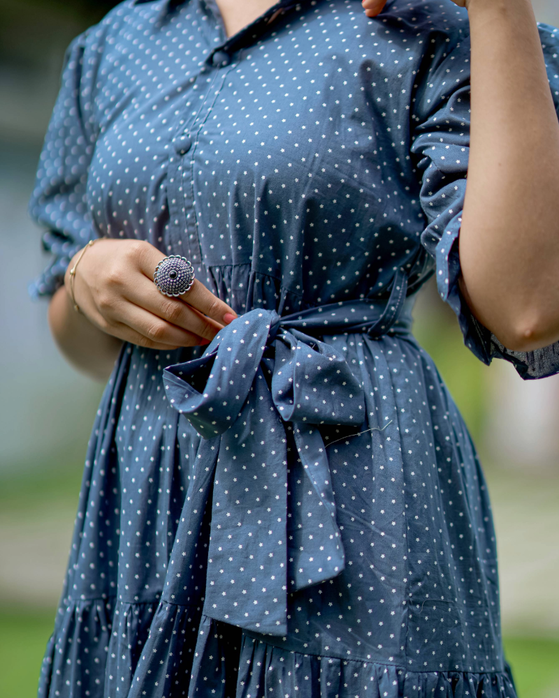 Sky Themed Three Tier dress with belt and Balloon Sleeve