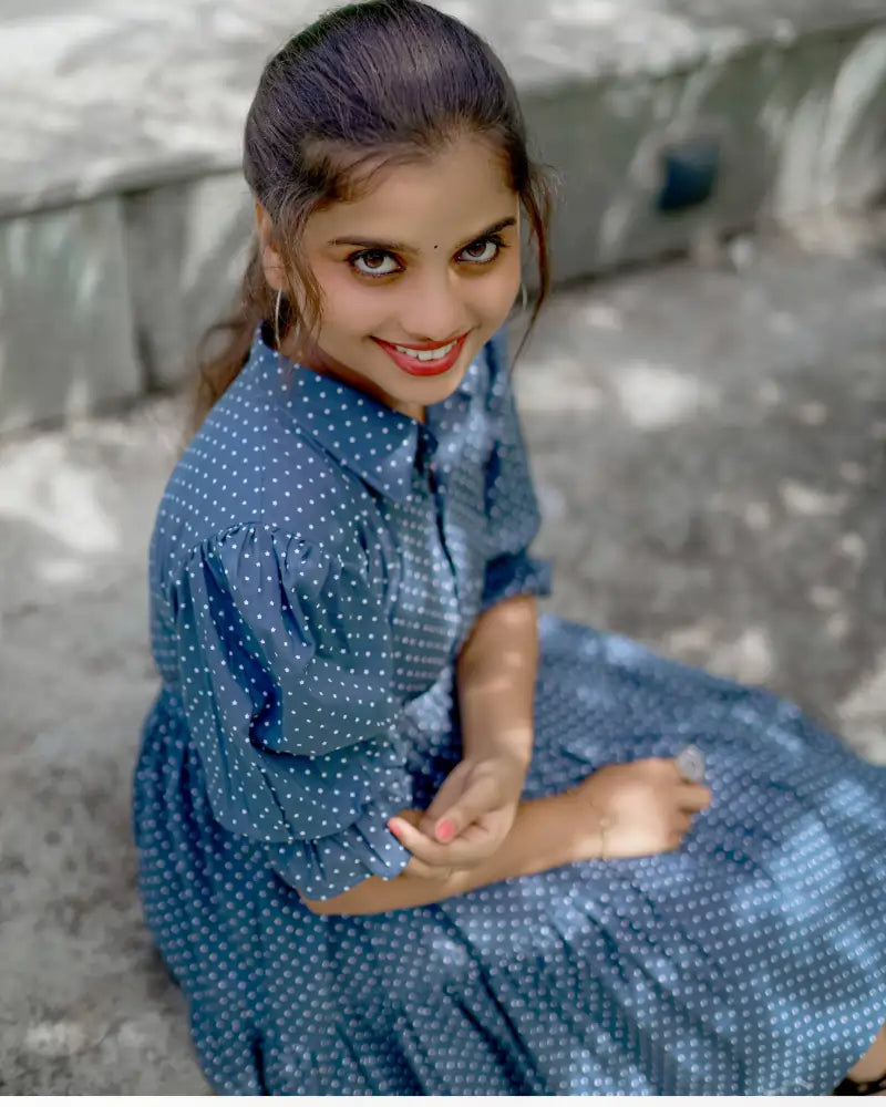 Sky Themed Three Tier dress with belt and Balloon Sleeve | MK-MW-1002