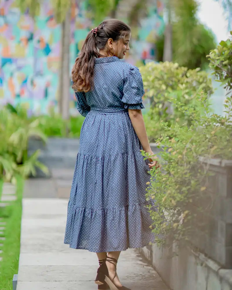 Sky Themed Three Tier dress with belt and Balloon Sleeve | MK-MW-1002