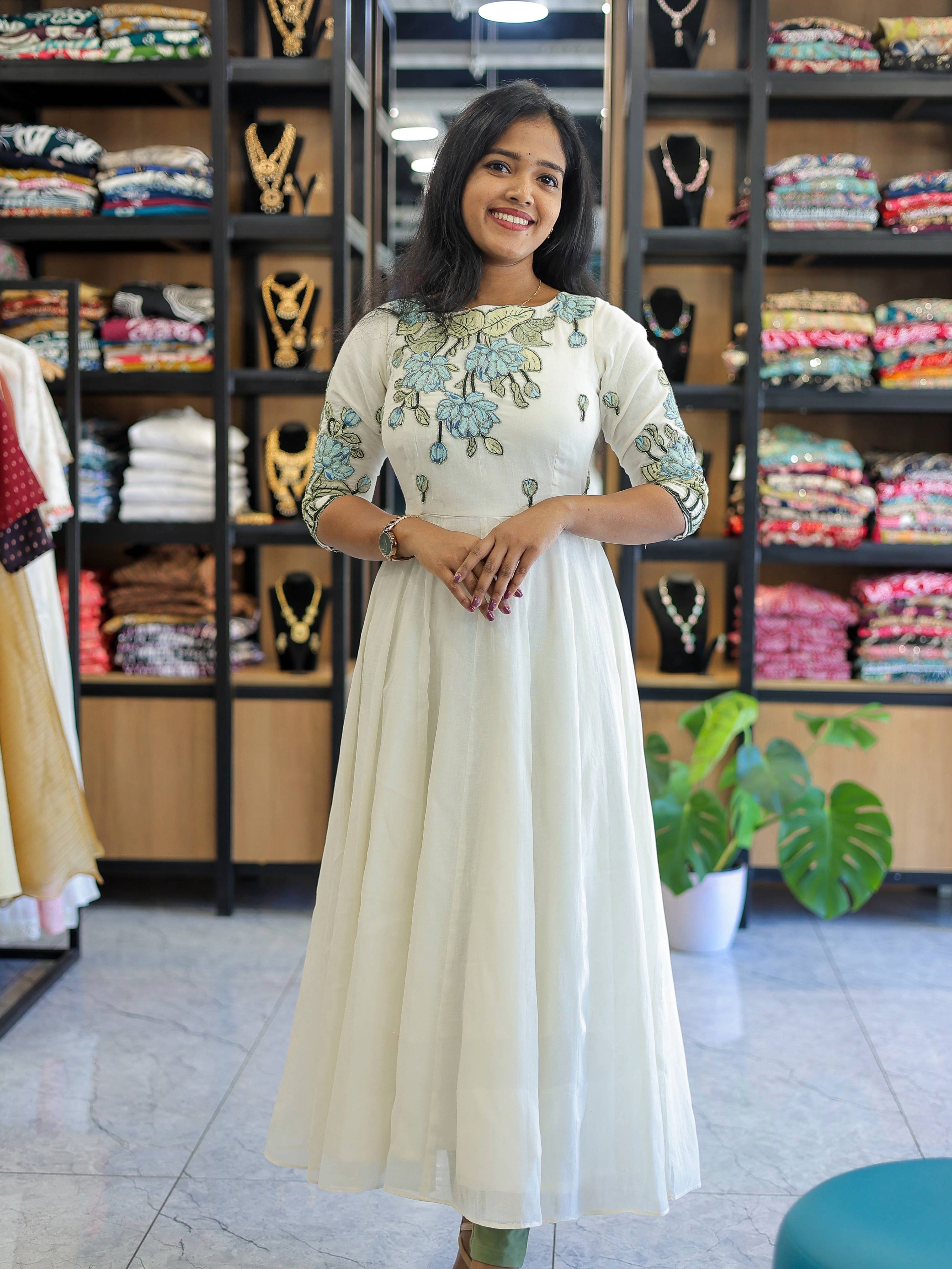 Full Length OffWhite Anarkali Top Enriched With Applique Embroidery