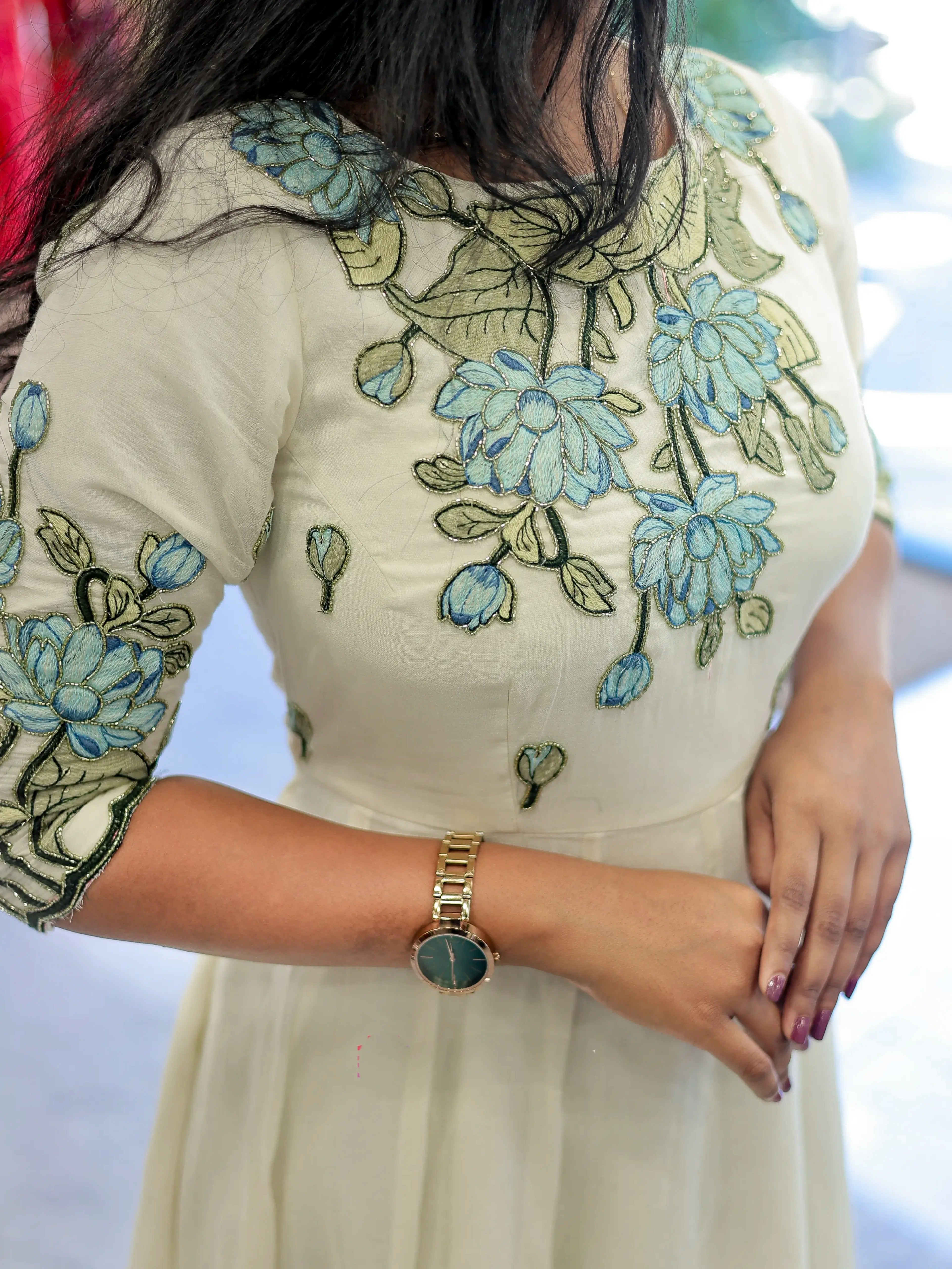 Full Length OffWhite Anarkali Top Enriched With Applique Embroidery