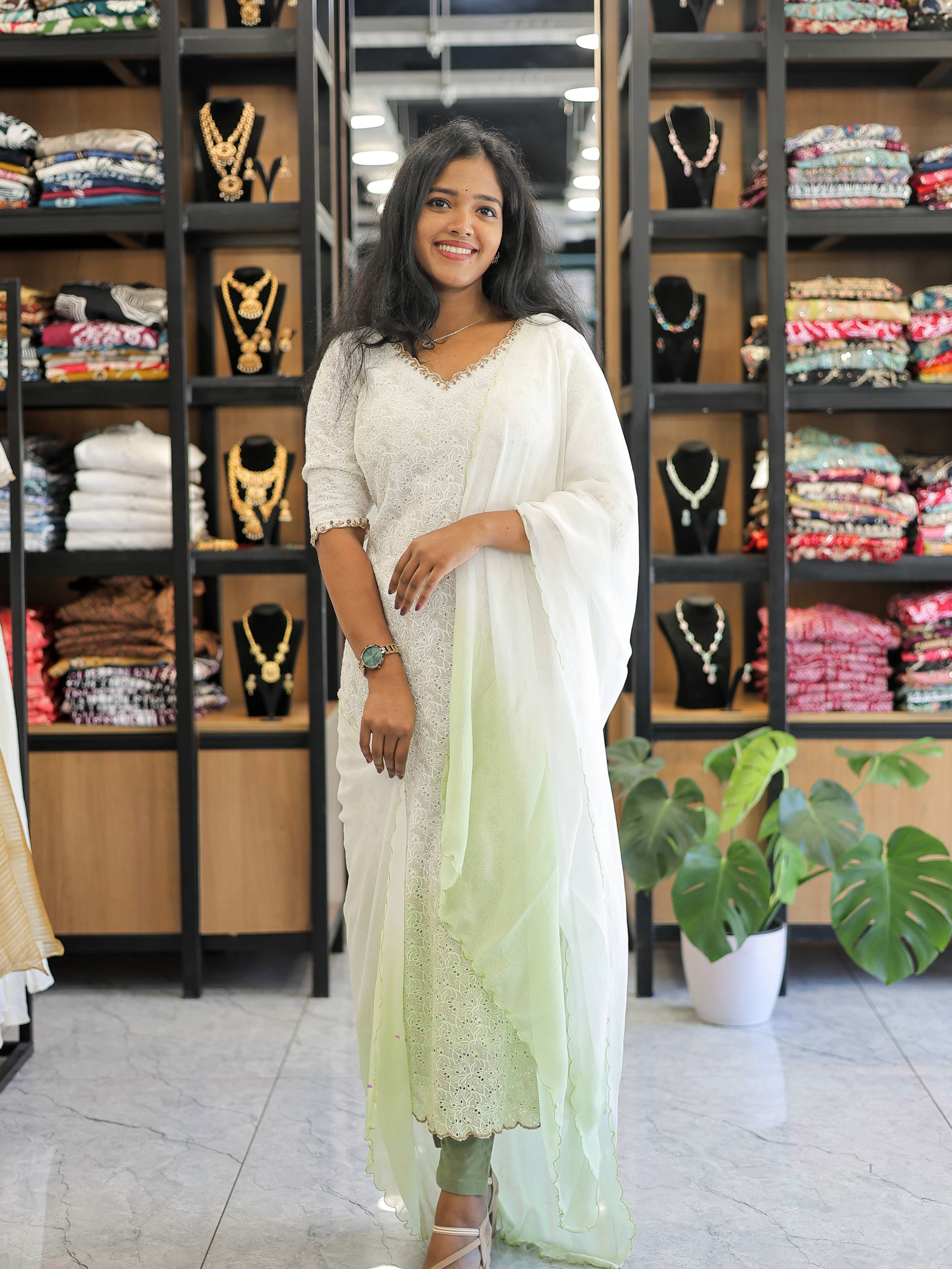 White Butta Hacoba In Green Shade With Dupatta