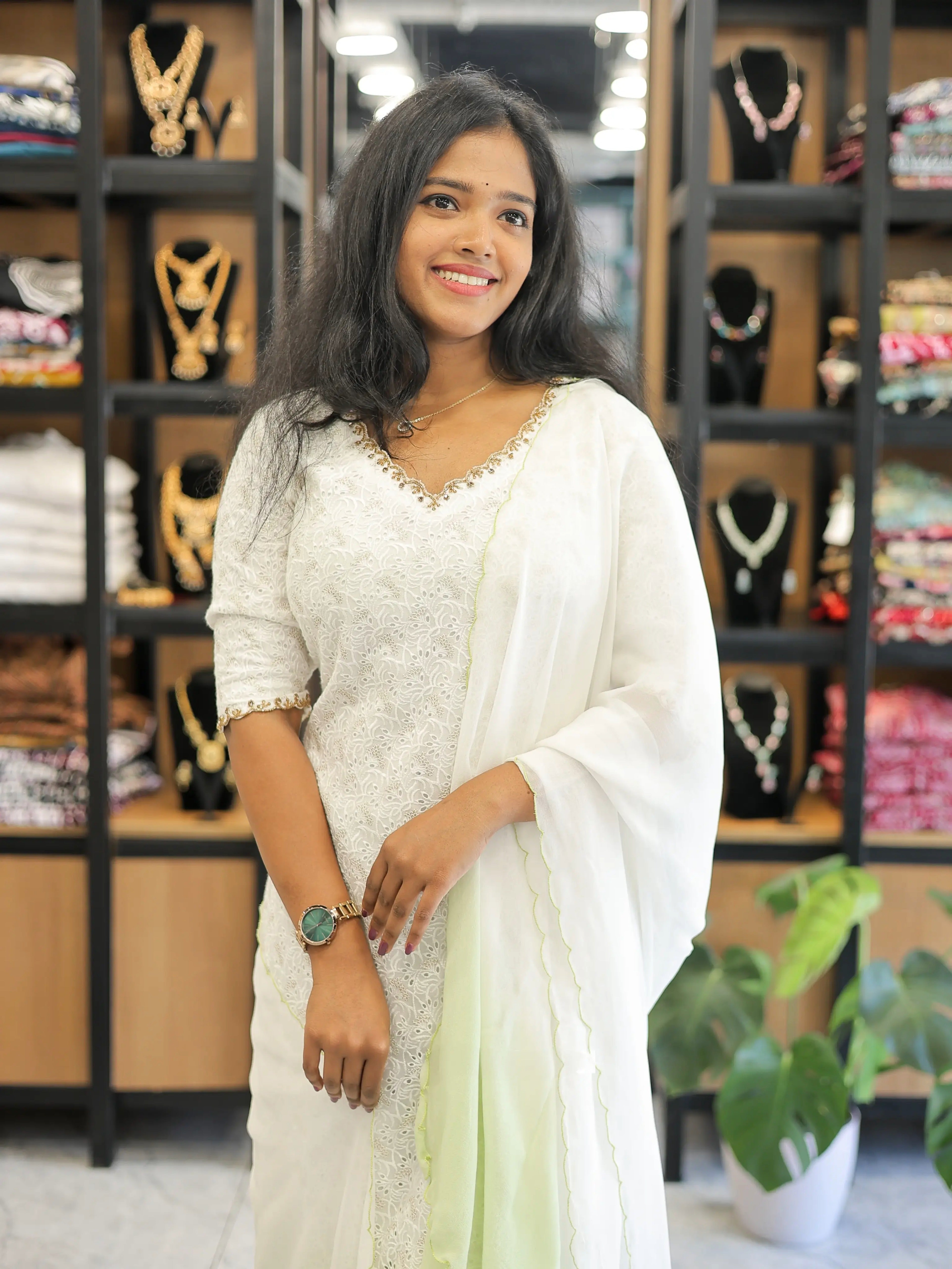 White Butta Hacoba In Green Shade With Dupatta