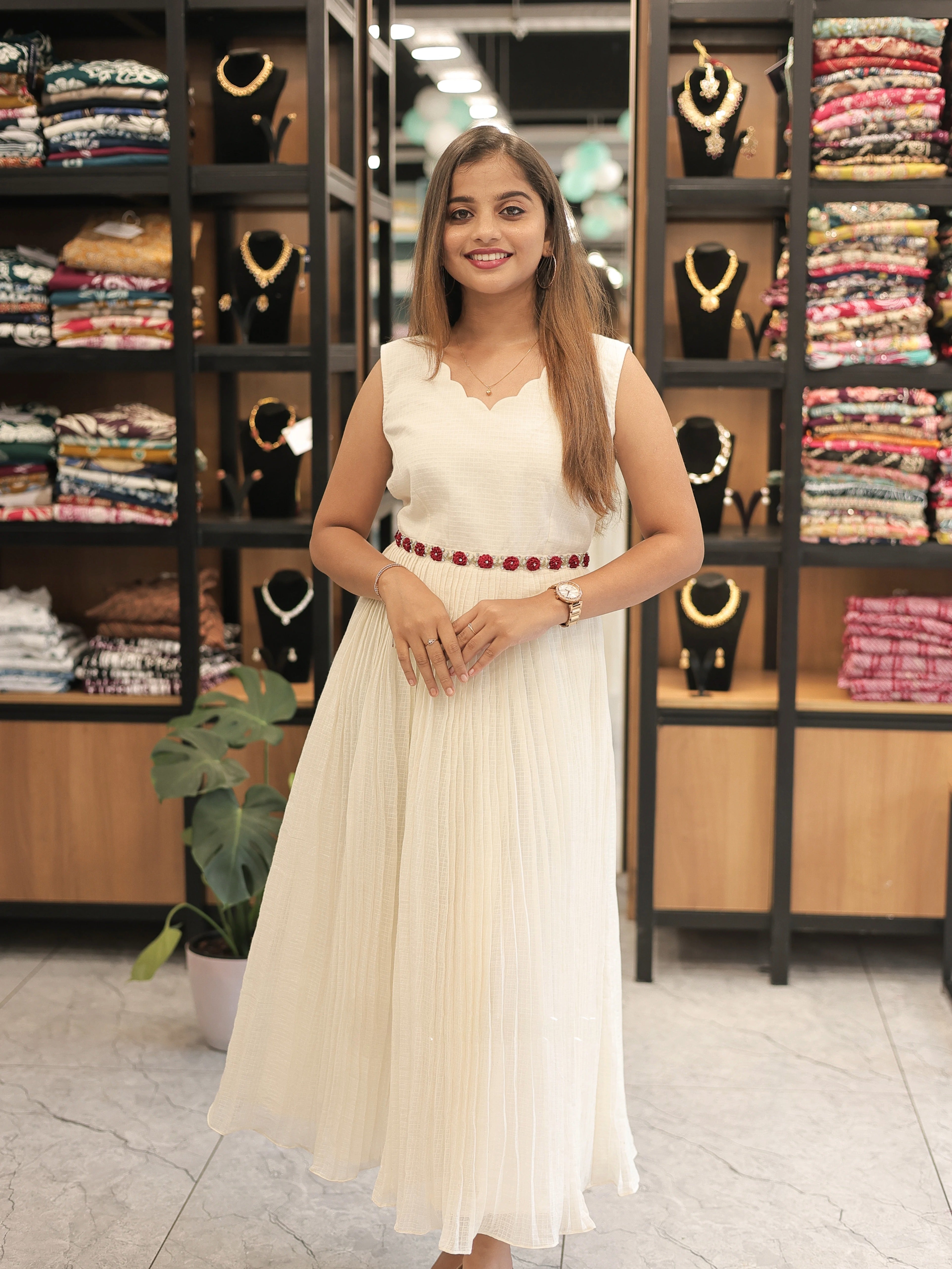 Sleeveless A Line Kurti In Kota Fabric With Hand Worked Flowers