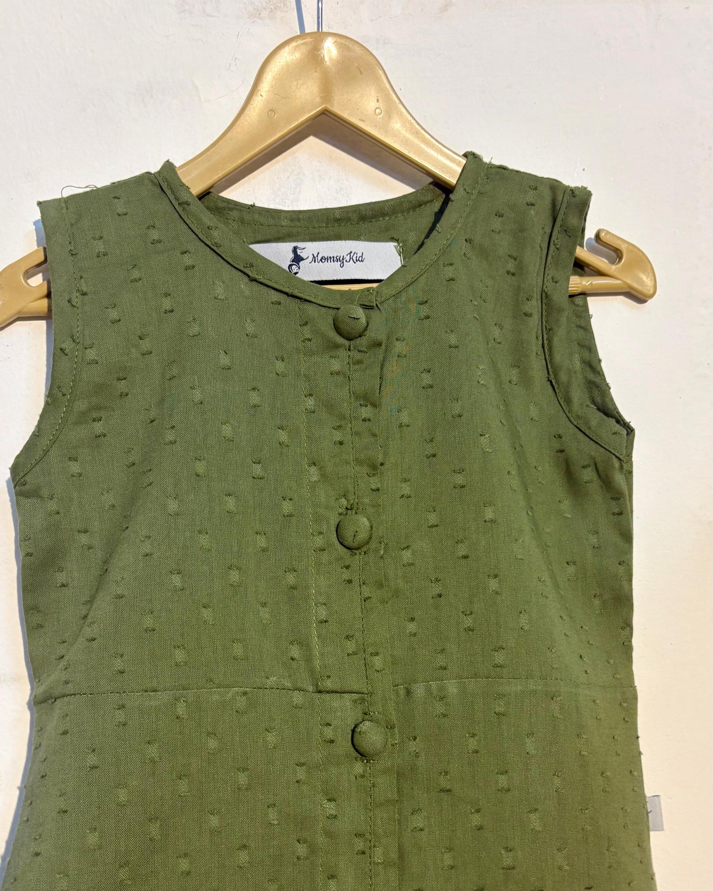 Olive Green Premium Dobby Cotton Sleeveless Frock for Girls