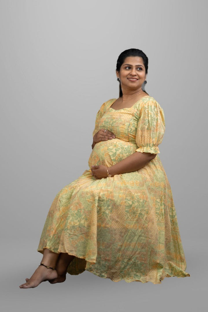 Yellow Floral Frock With Designer Yoke And Short Balloon Sleeves | MK-MW-1016