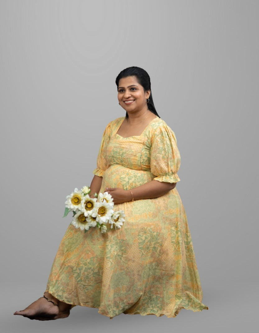 Yellow Floral Frock With Designer Yoke And Short Balloon Sleeves | MK-MW-1016