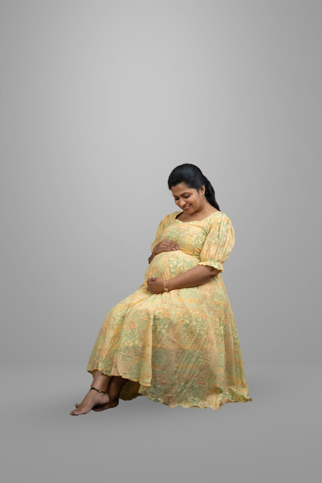 Yellow Floral Frock With Designer Yoke And Short Balloon Sleeves | MK-MW-1016