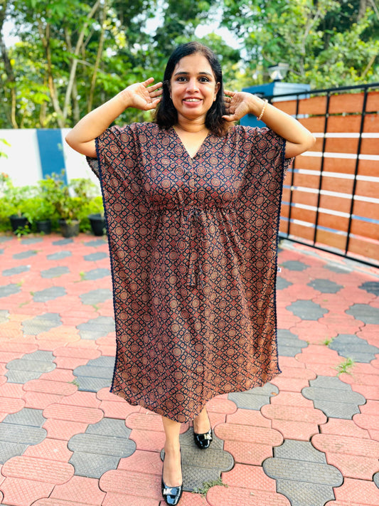 Ajrak Kaftan Cotton Printed Fabric with  Navyblue Lace