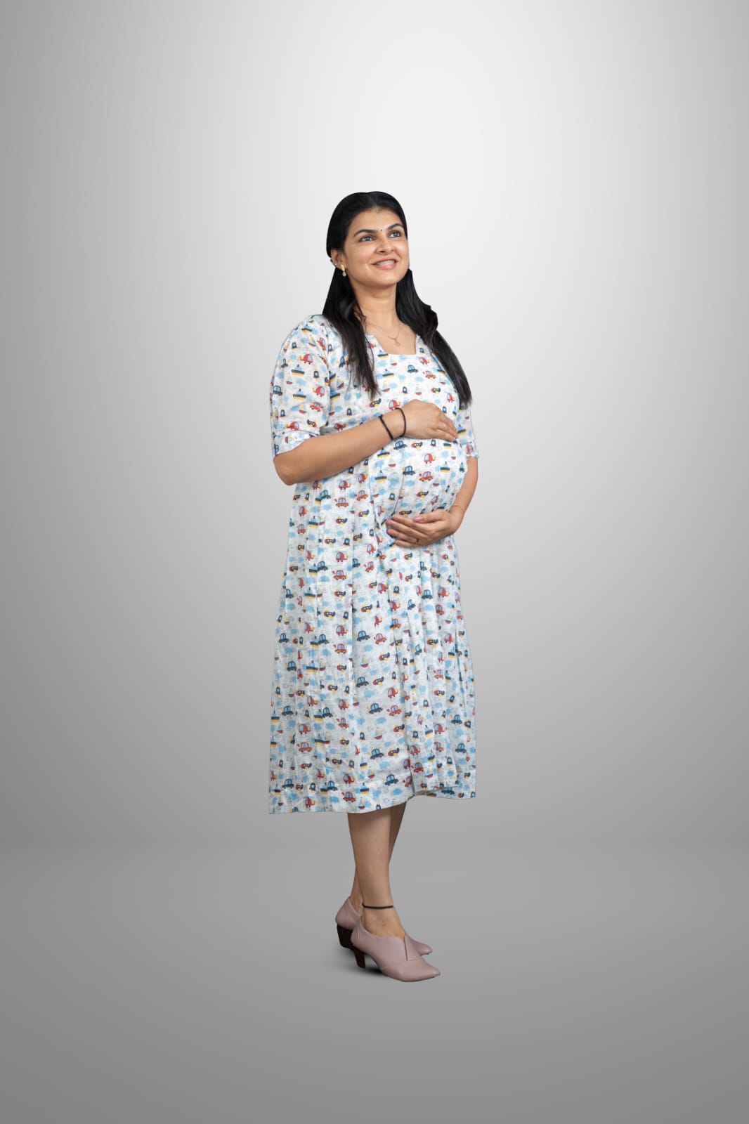 Box peated car print cotton dress | MK-MW-1024