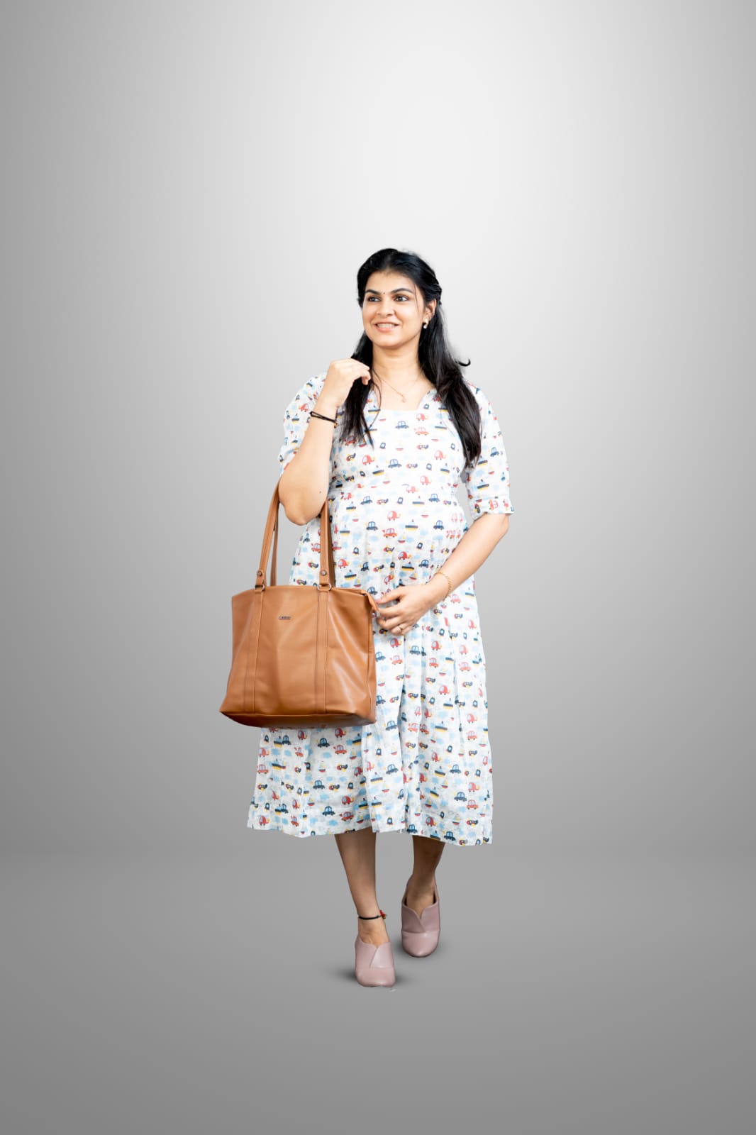 Box peated car print cotton dress | MK-MW-1024