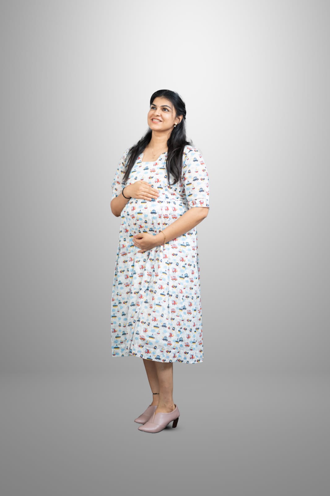 Box peated car print cotton dress | MK-MW-1024