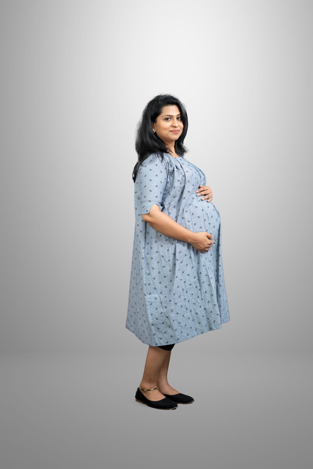 Completely pleated cotton gray colour helicopter print dress with center zipper | MK-MW-1029