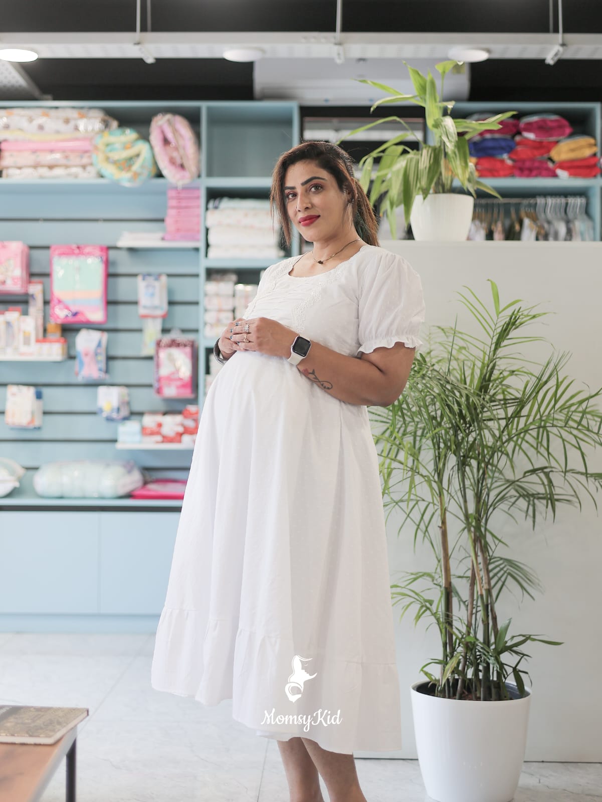 WHITE BUTTA COTTON MIDI LENGTH MATERNITY DRESS WITH RUFFLED PUFF | MK-MW-1057