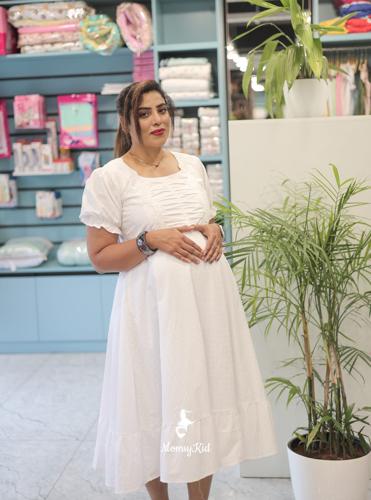 WHITE BUTTA COTTON MIDI LENGTH MATERNITY DRESS WITH RUFFLED PUFF | MK-MW-1057