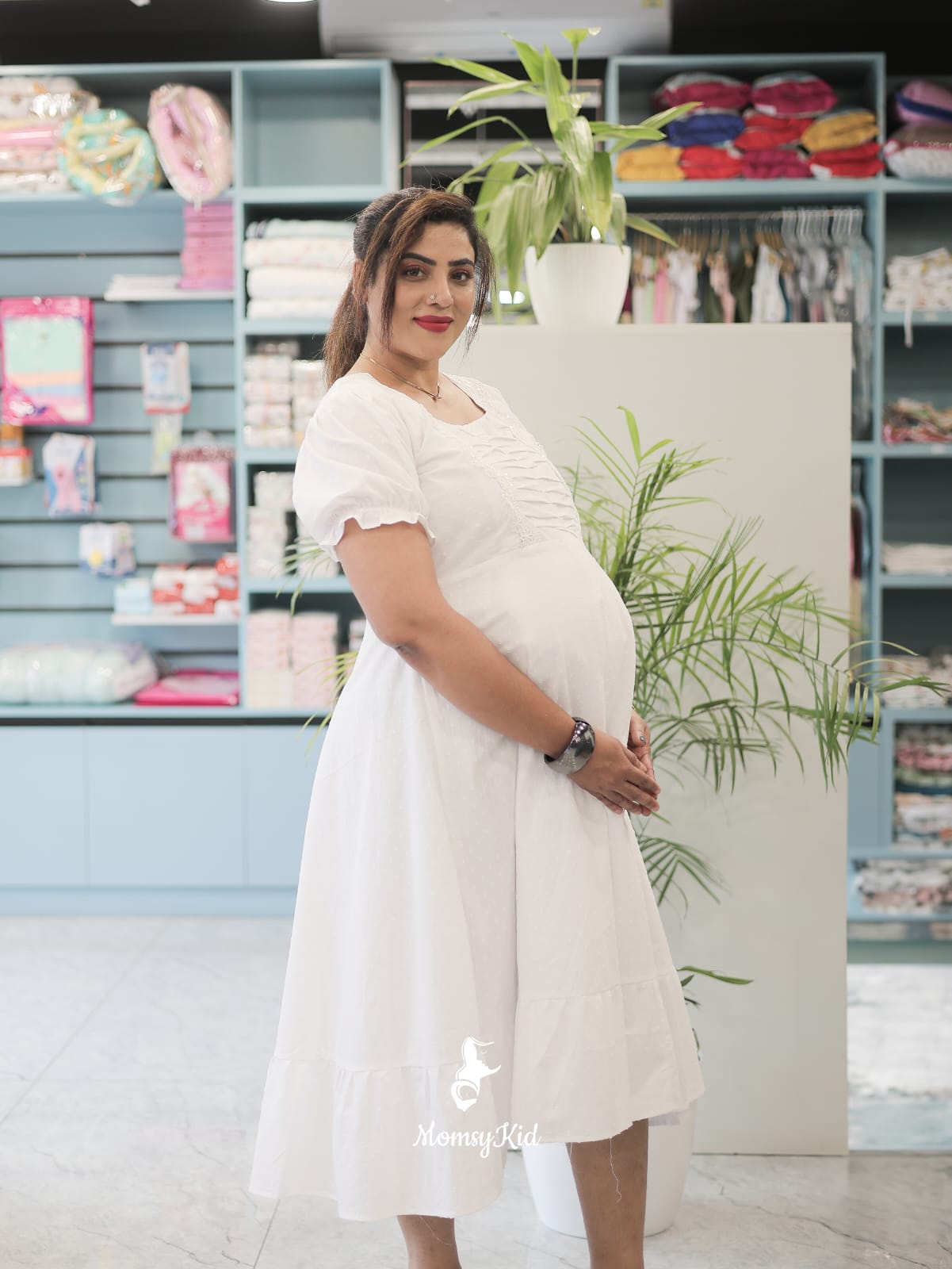 WHITE BUTTA COTTON MIDI LENGTH MATERNITY DRESS WITH RUFFLED PUFF | MK-MW-1057
