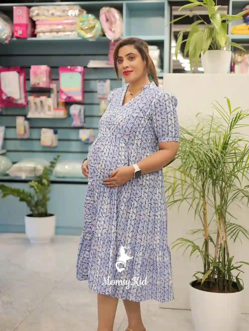 BLUE STRIPED COTTON MATERNITY DRESS | MK-MW-1058