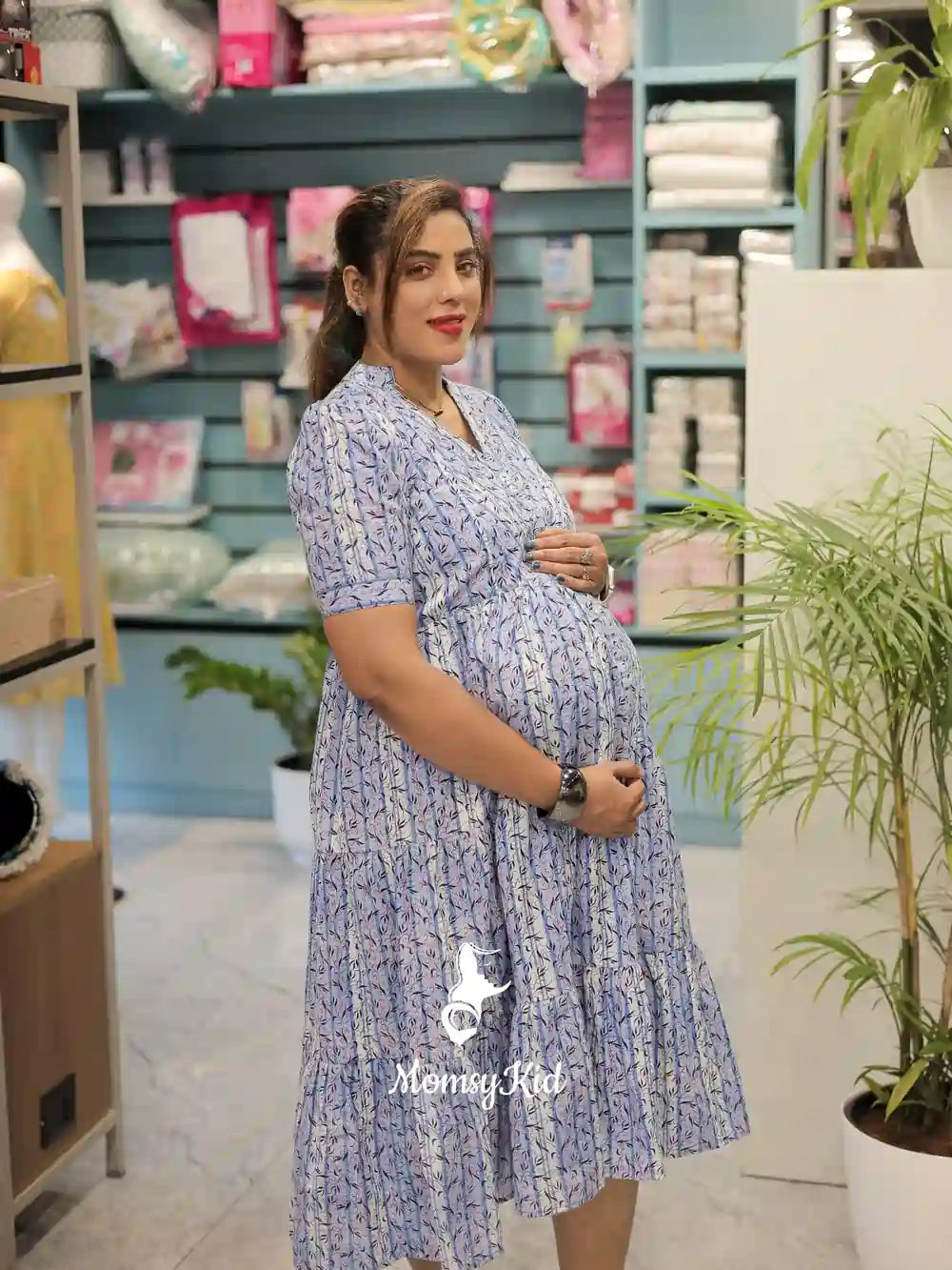 BLUE STRIPED COTTON MATERNITY DRESS | MK-MW-1058