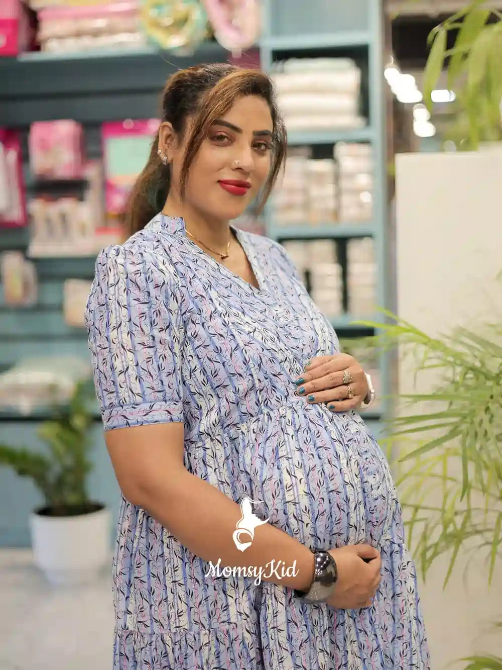 BLUE STRIPED COTTON MATERNITY DRESS | MK-MW-1058