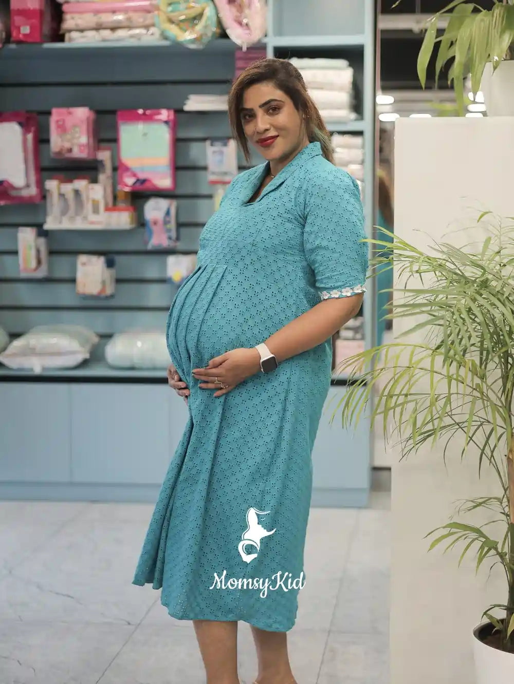 TEAL BLUE HAKOBA  MATERNITY DRESS | MK-MW-1056