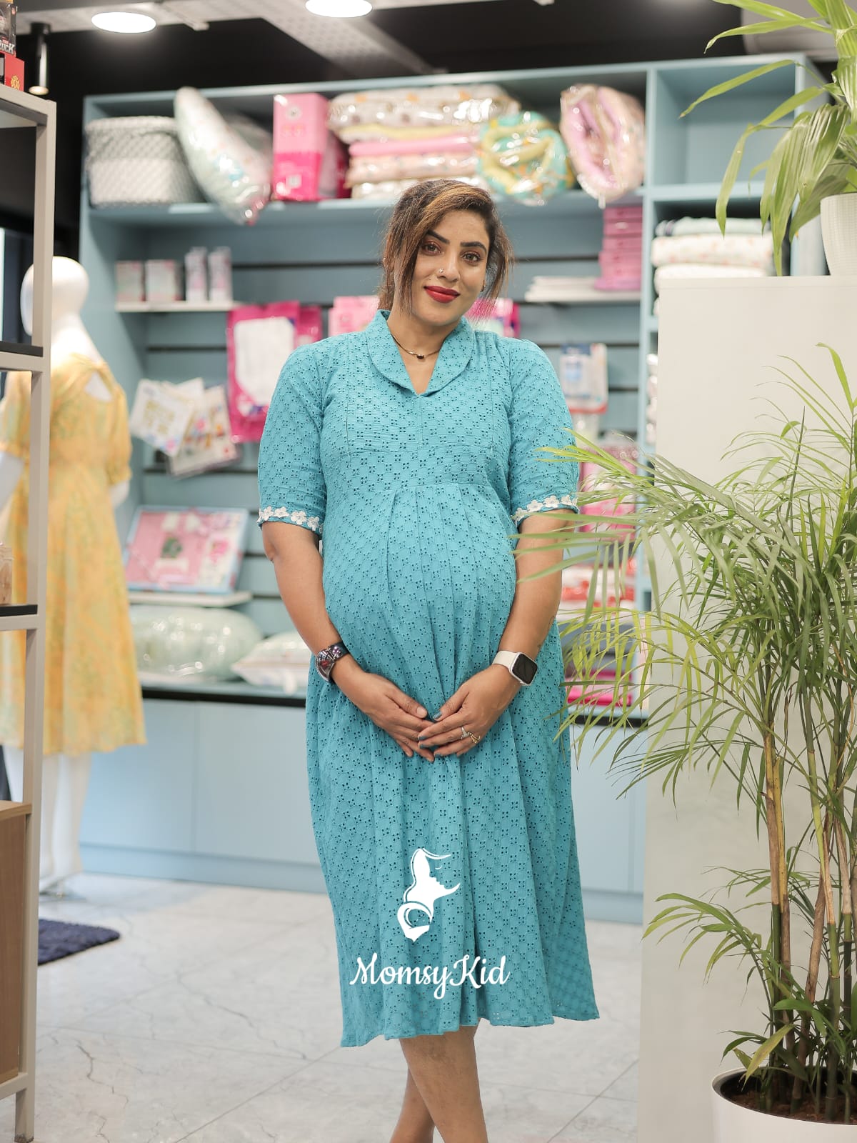 TEAL BLUE HAKOBA  MATERNITY DRESS | MK-MW-1056
