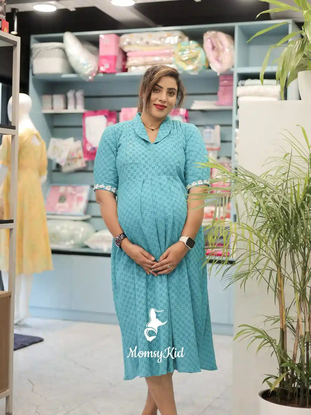 TEAL BLUE HAKOBA  MATERNITY DRESS | MK-MW-1056