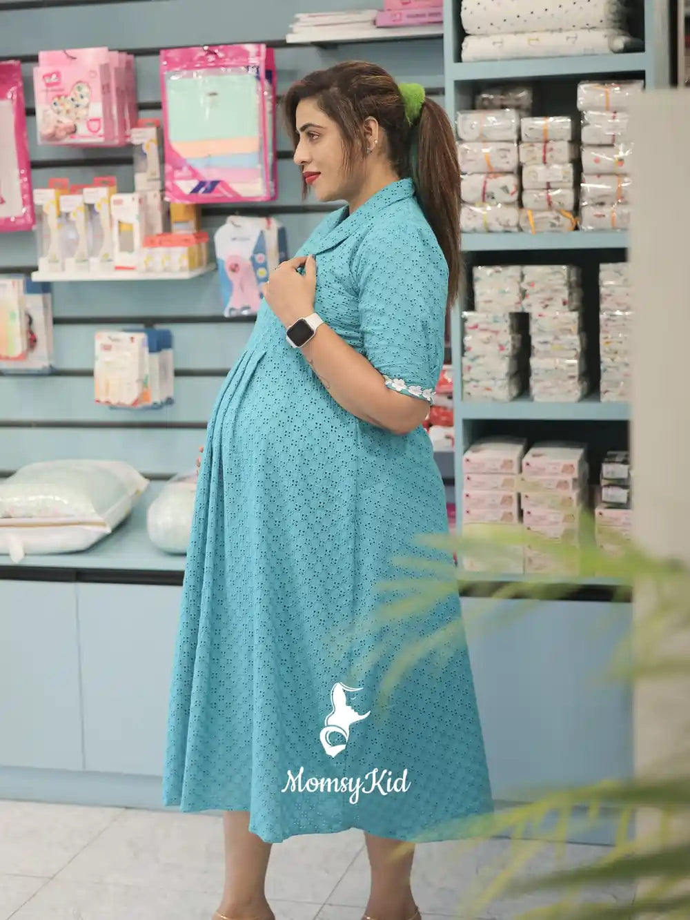 TEAL BLUE HAKOBA  MATERNITY DRESS | MK-MW-1056