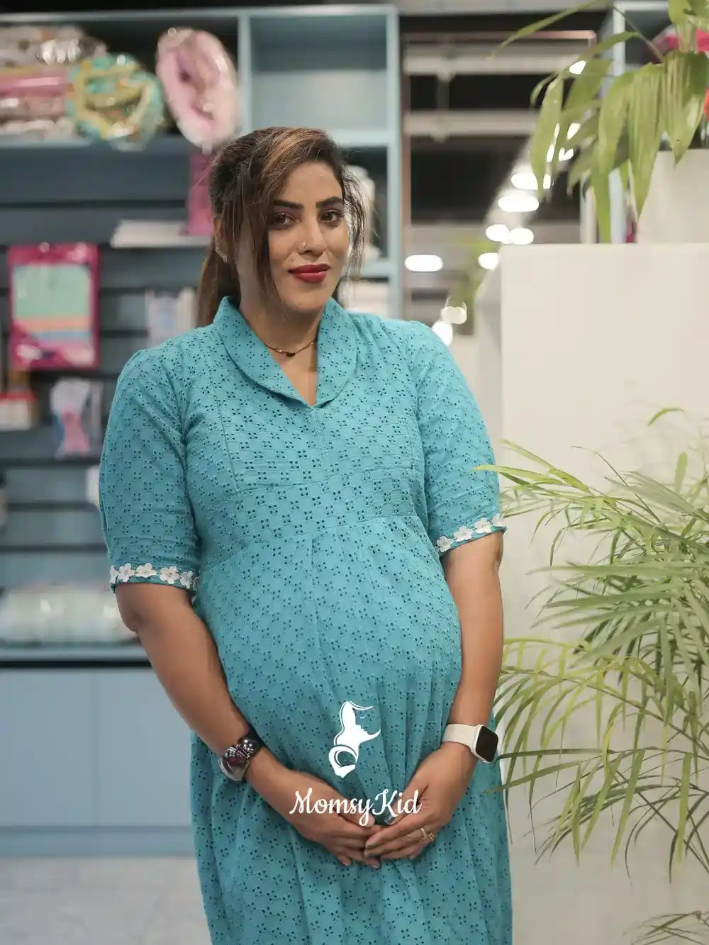 TEAL BLUE HAKOBA  MATERNITY DRESS | MK-MW-1056