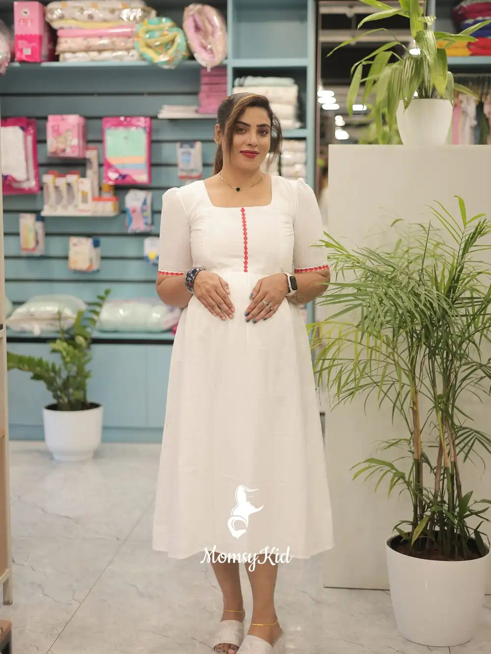 WHITE MATERNITY MIDI DRESS WITH LACE DETAILING | MK-MW-1061