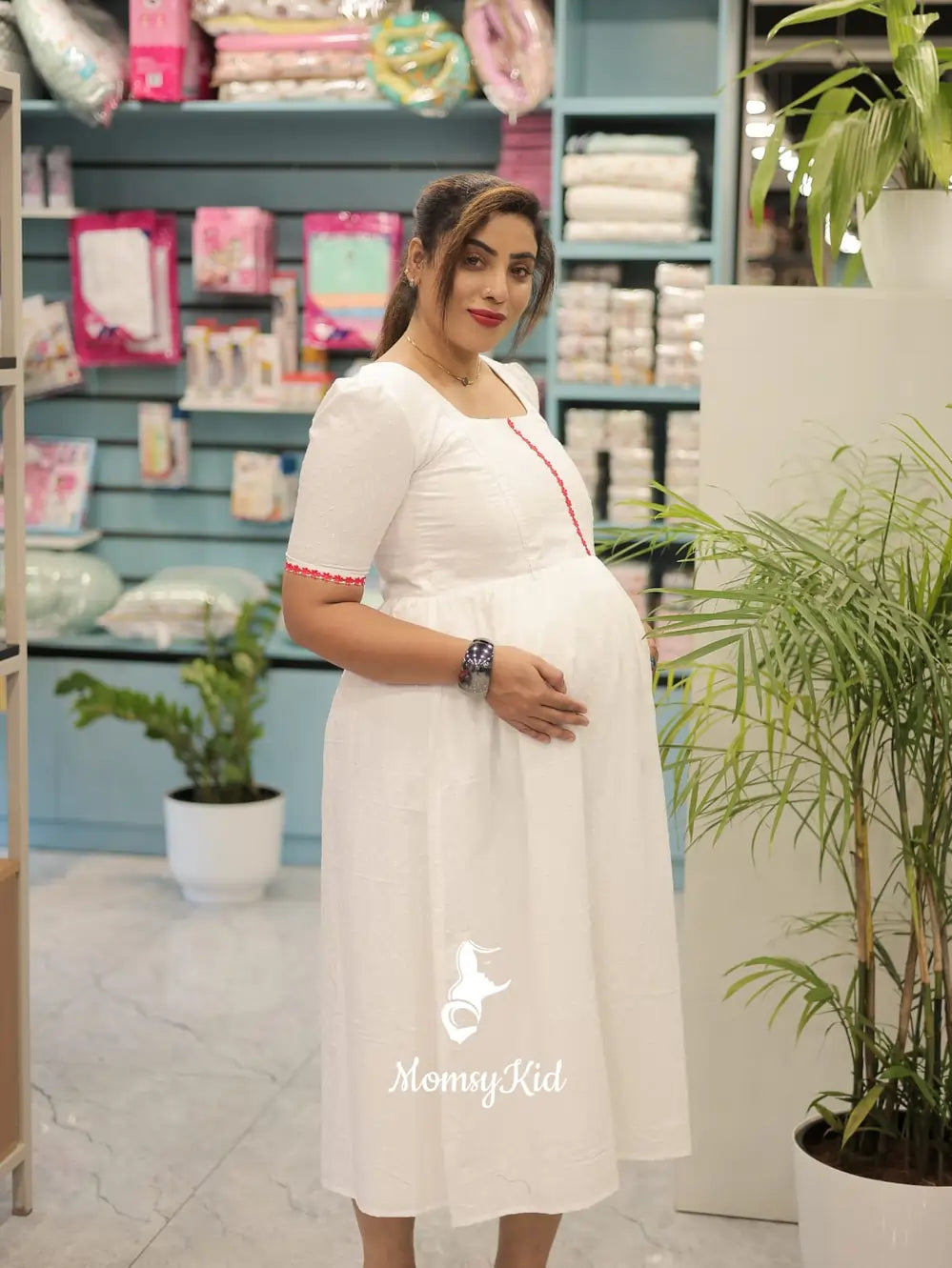 WHITE MATERNITY MIDI DRESS WITH LACE DETAILING | MK-MW-1061