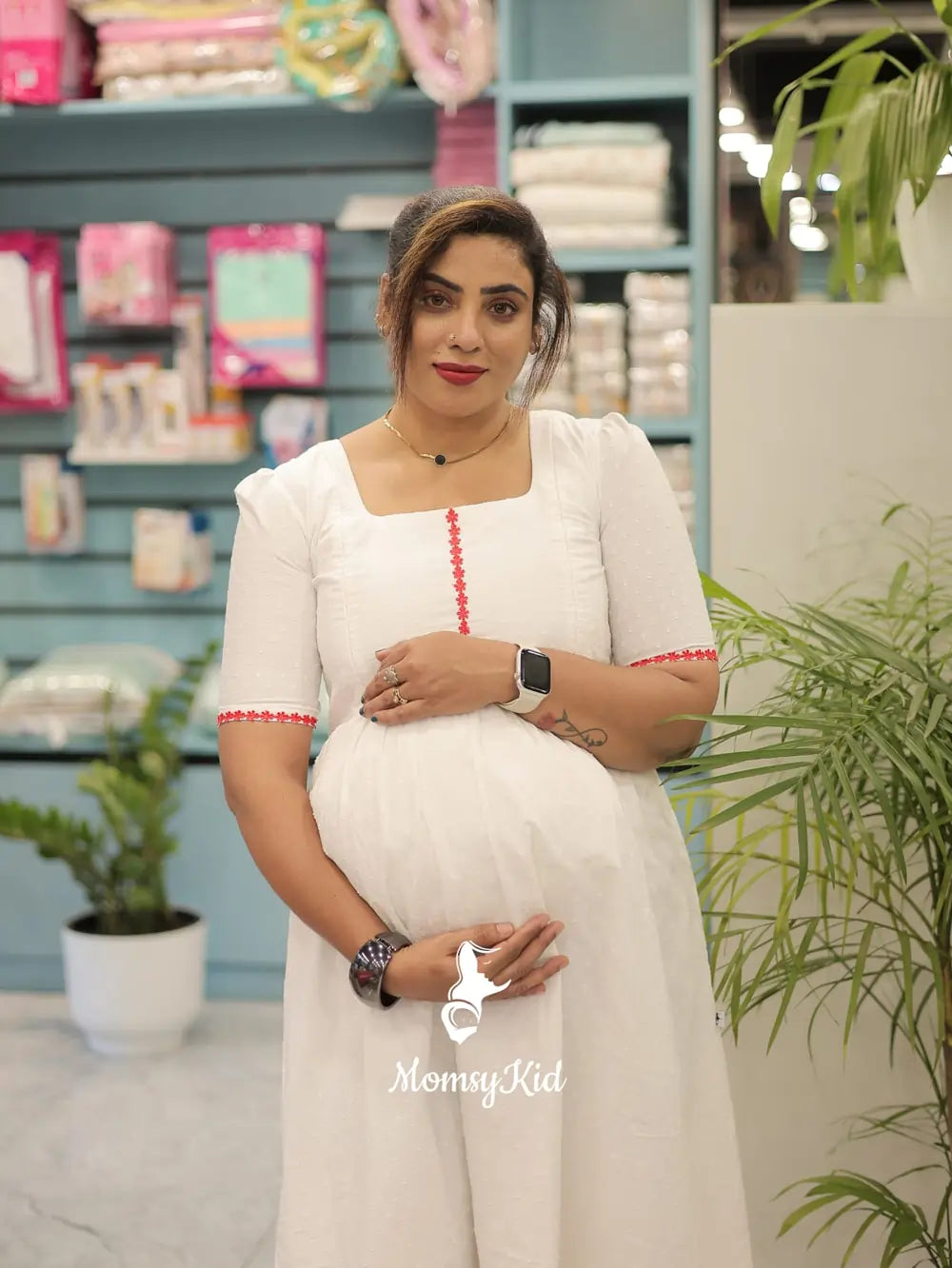 WHITE MATERNITY MIDI DRESS WITH LACE DETAILING | MK-MW-1061