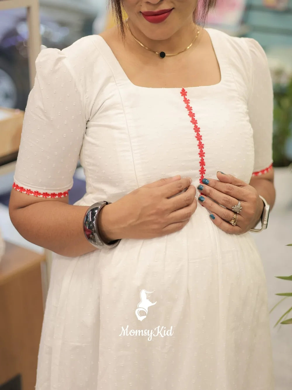WHITE MATERNITY MIDI DRESS WITH LACE DETAILING | MK-MW-1061
