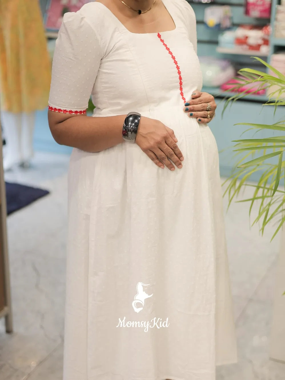 WHITE MATERNITY MIDI DRESS WITH LACE DETAILING | MK-MW-1061