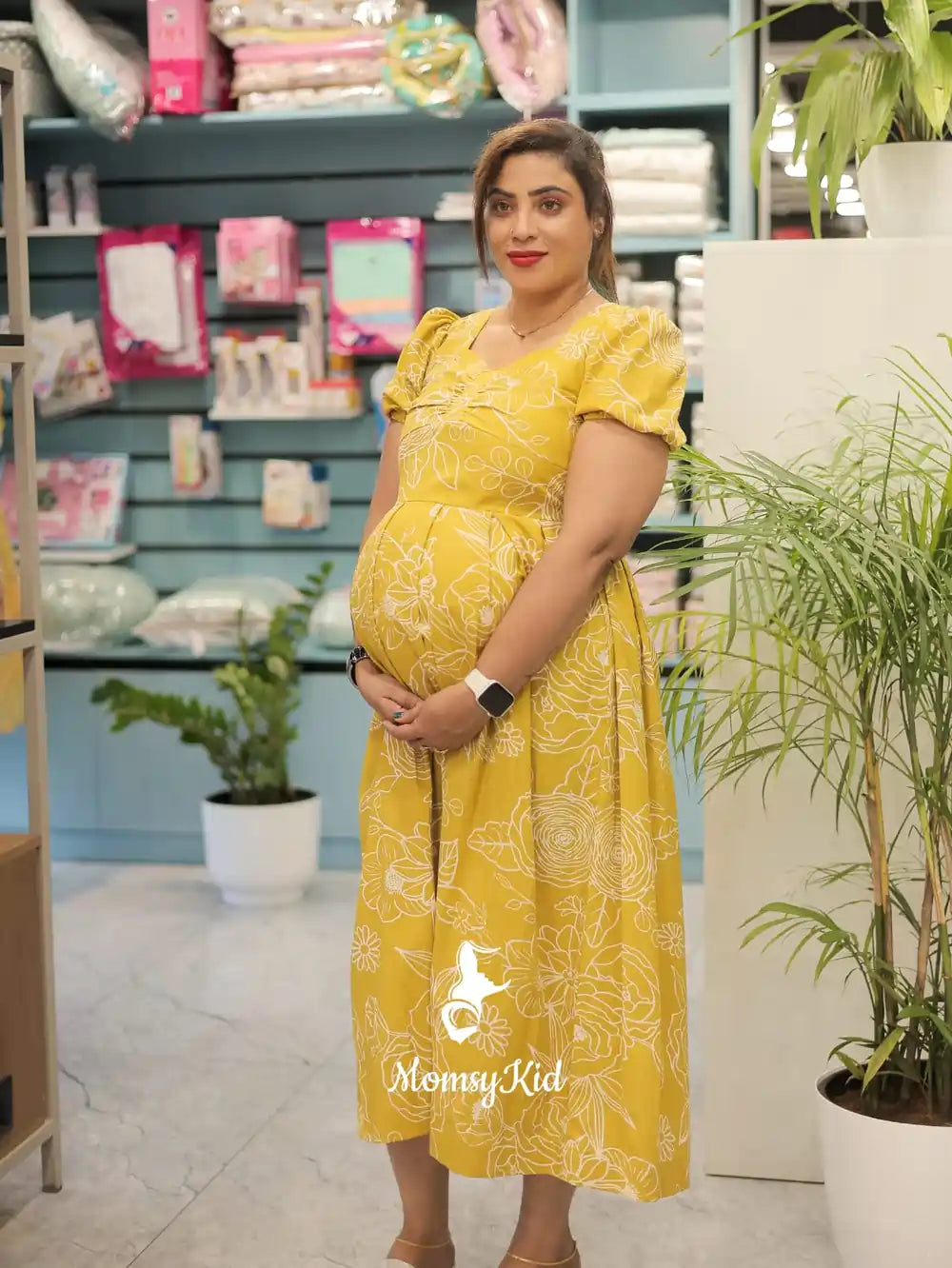 LIME YELLOW FLORAL MATERNITY DRESS WITH BOX PLEAT | MK-MW-1058