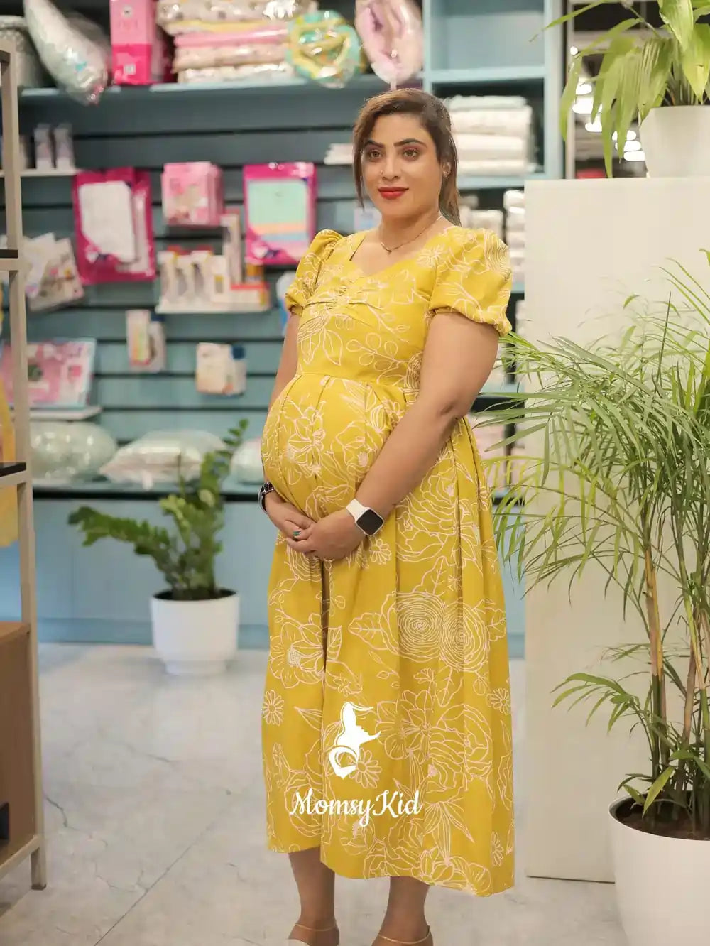 Lime Yellow Floral Maternity Dress With Box Pleat | Feeding Friendly Dress | Comfortable Pregnancy Outfit| MK-MW-1058