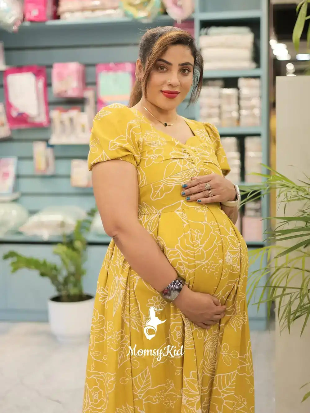 LIME YELLOW FLORAL MATERNITY DRESS WITH BOX PLEAT | MK-MW-1058