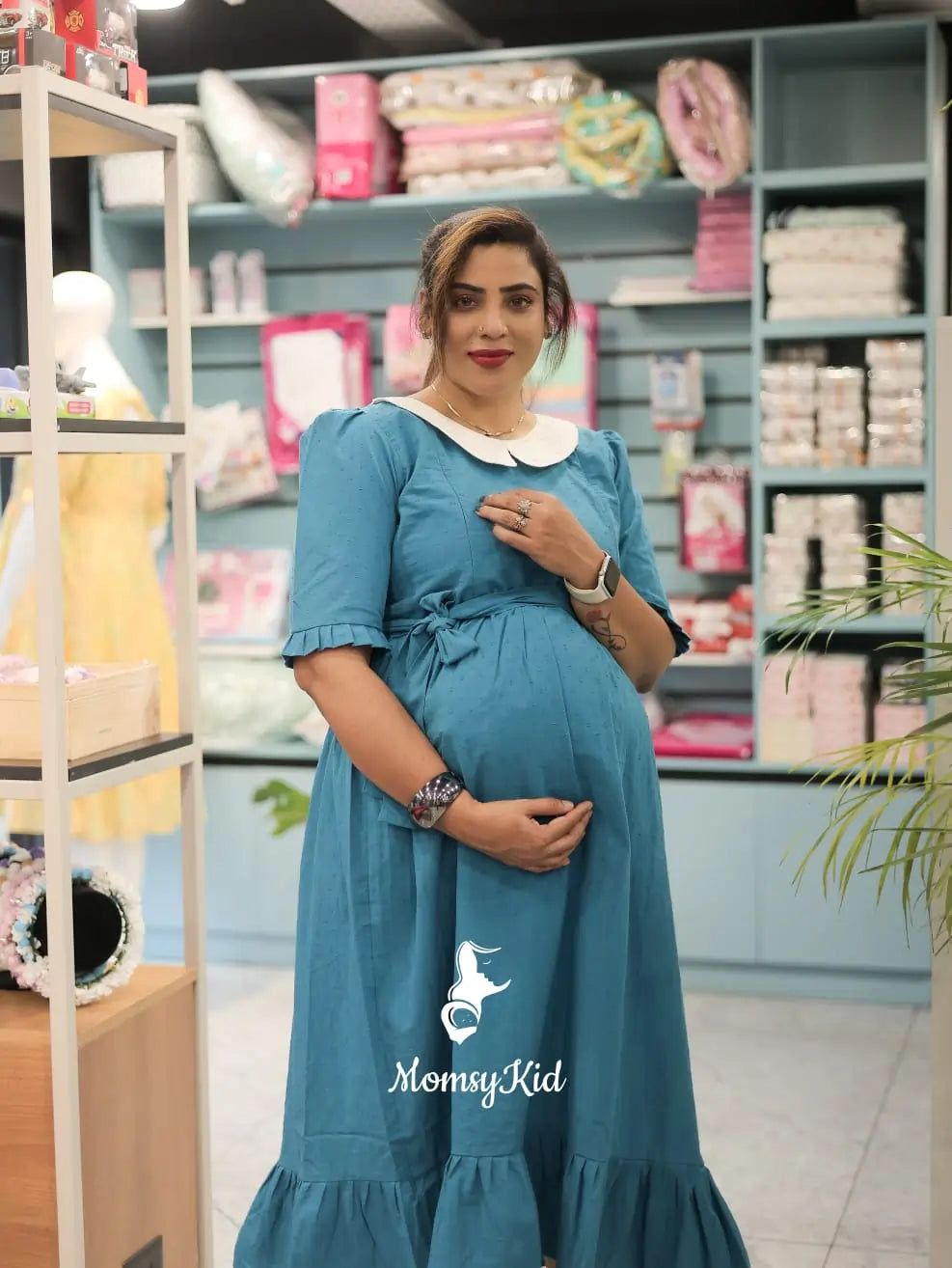 TEAL BLUE BUTTA COTTON MIDI LENGTH DRESS WITH PETER PAN COLLAR |MK-MW-1007