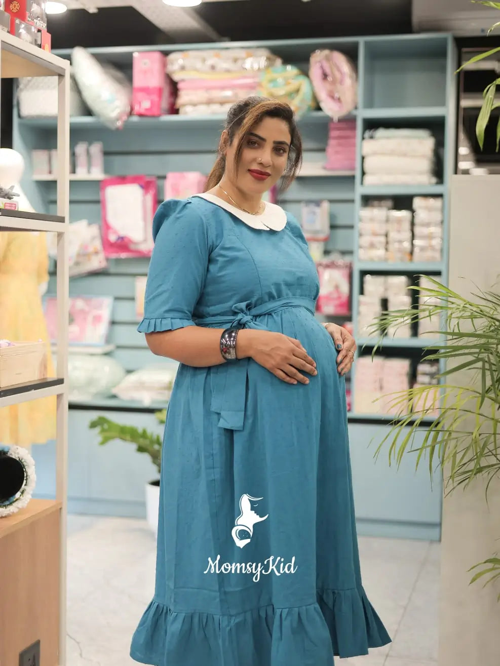 TEAL BLUE BUTTA COTTON MIDI LENGTH DRESS WITH PETER PAN COLLAR |MK-MW-1007