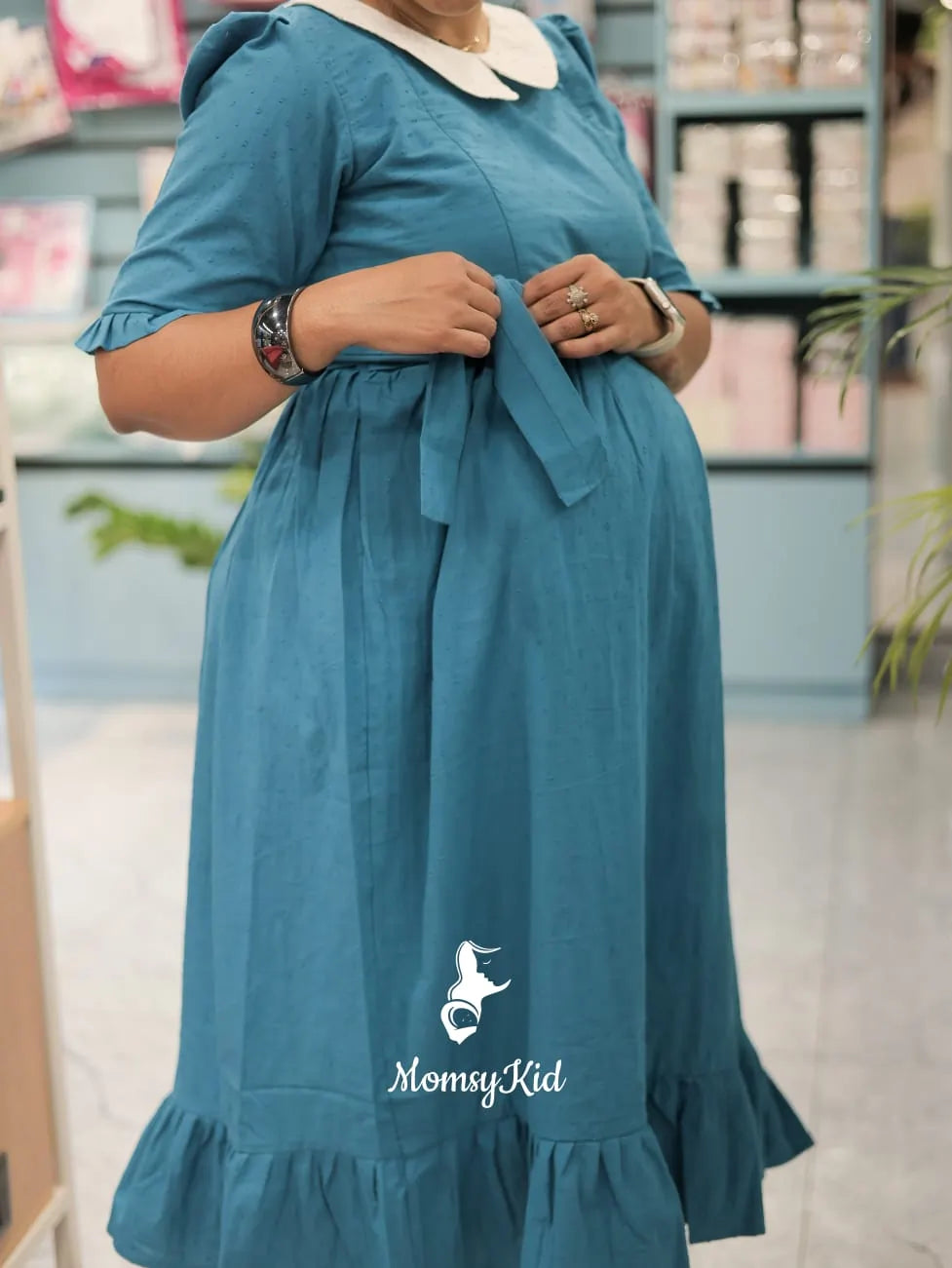 TEAL BLUE BUTTA COTTON MIDI LENGTH DRESS WITH PETER PAN COLLAR |MK-MW-1007