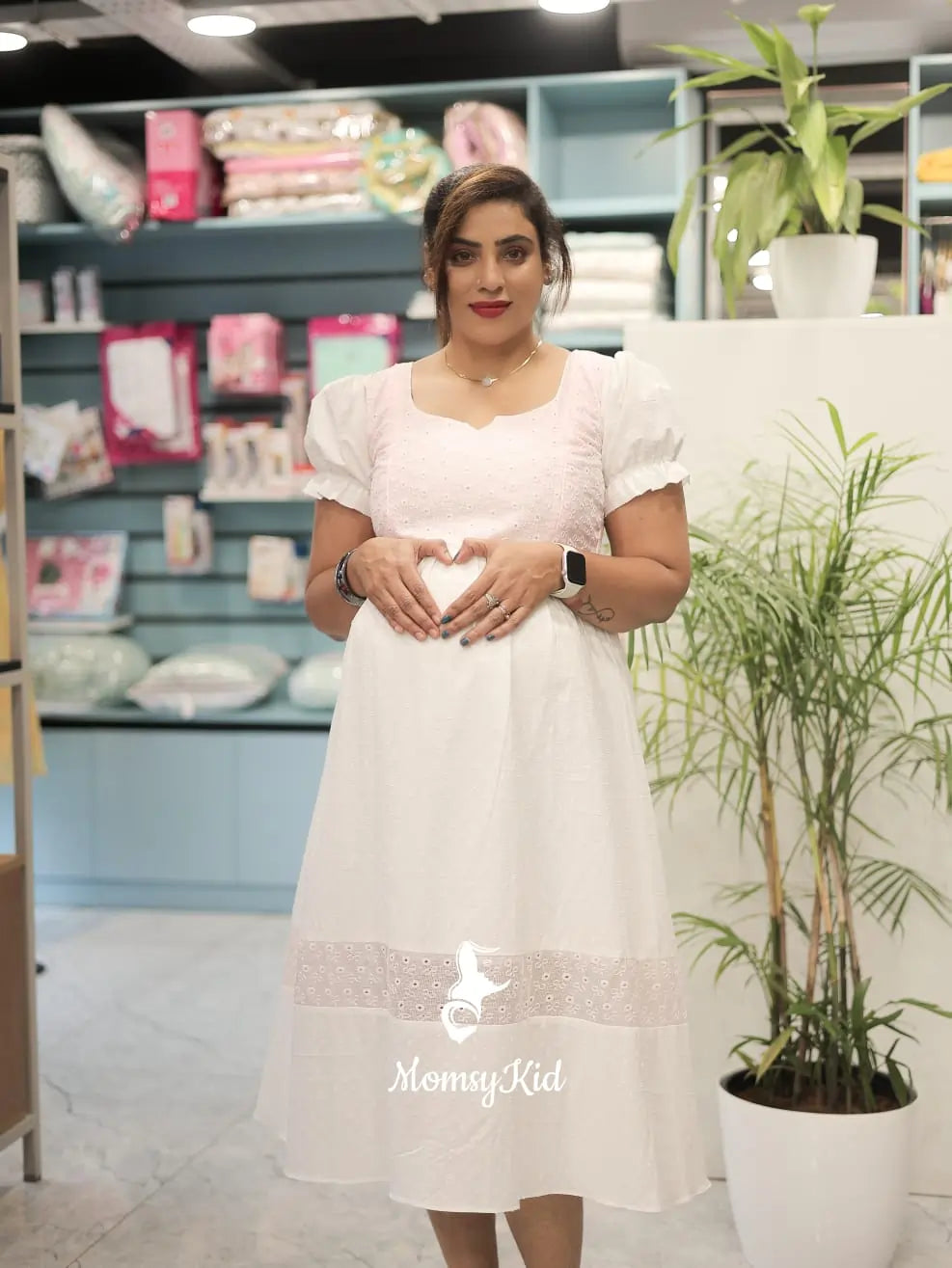 WHITE MIDI LENGTH DRESS WITH PATCHED KOTA FABRIC | MK-MW-1060