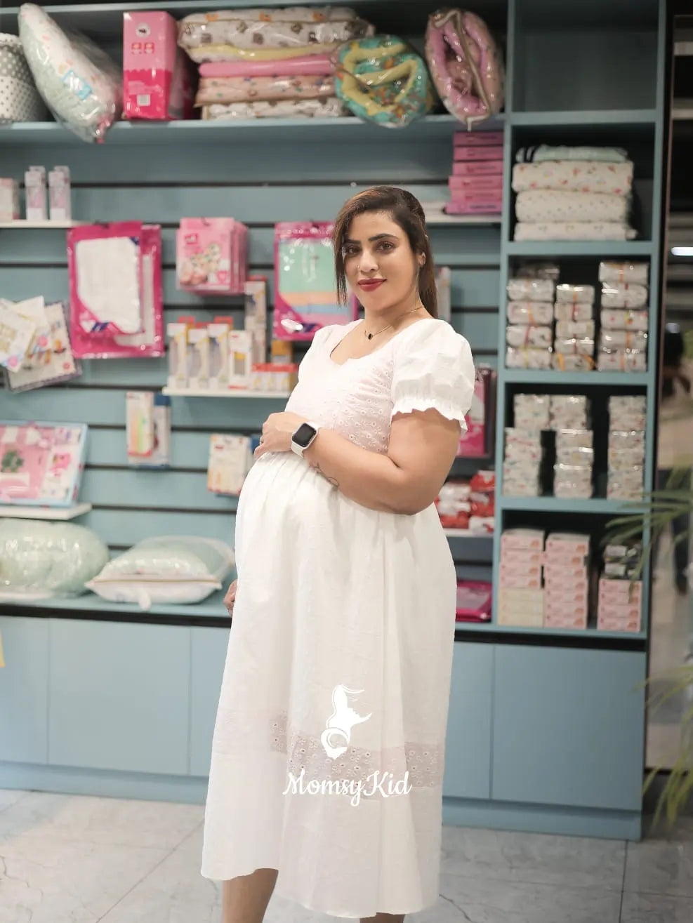 WHITE MIDI LENGTH DRESS WITH PATCHED KOTA FABRIC | MK-MW-1060