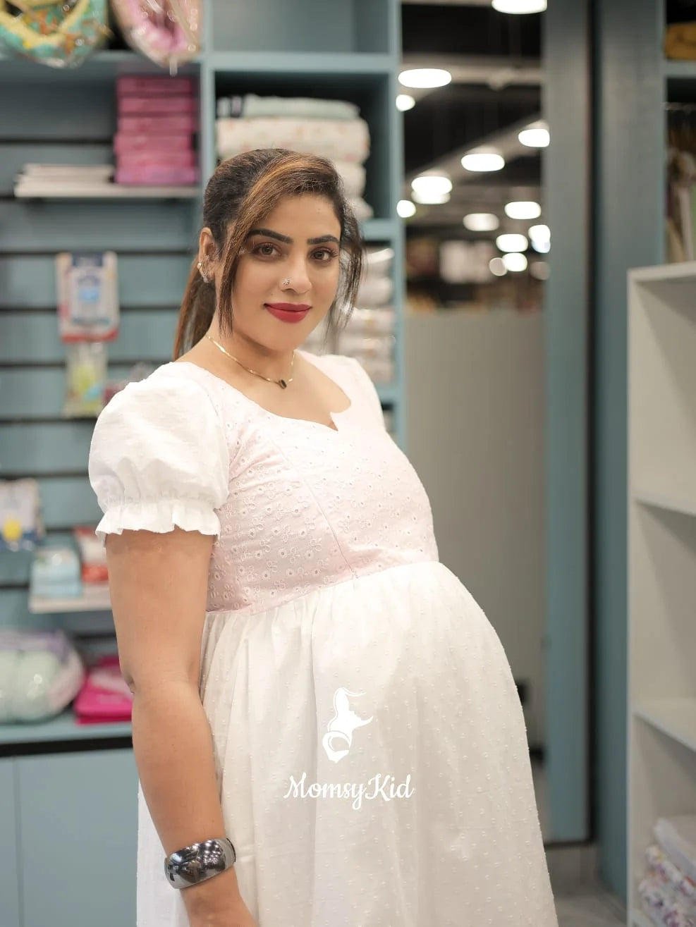 WHITE MIDI LENGTH DRESS WITH PATCHED KOTA FABRIC | MK-MW-1060
