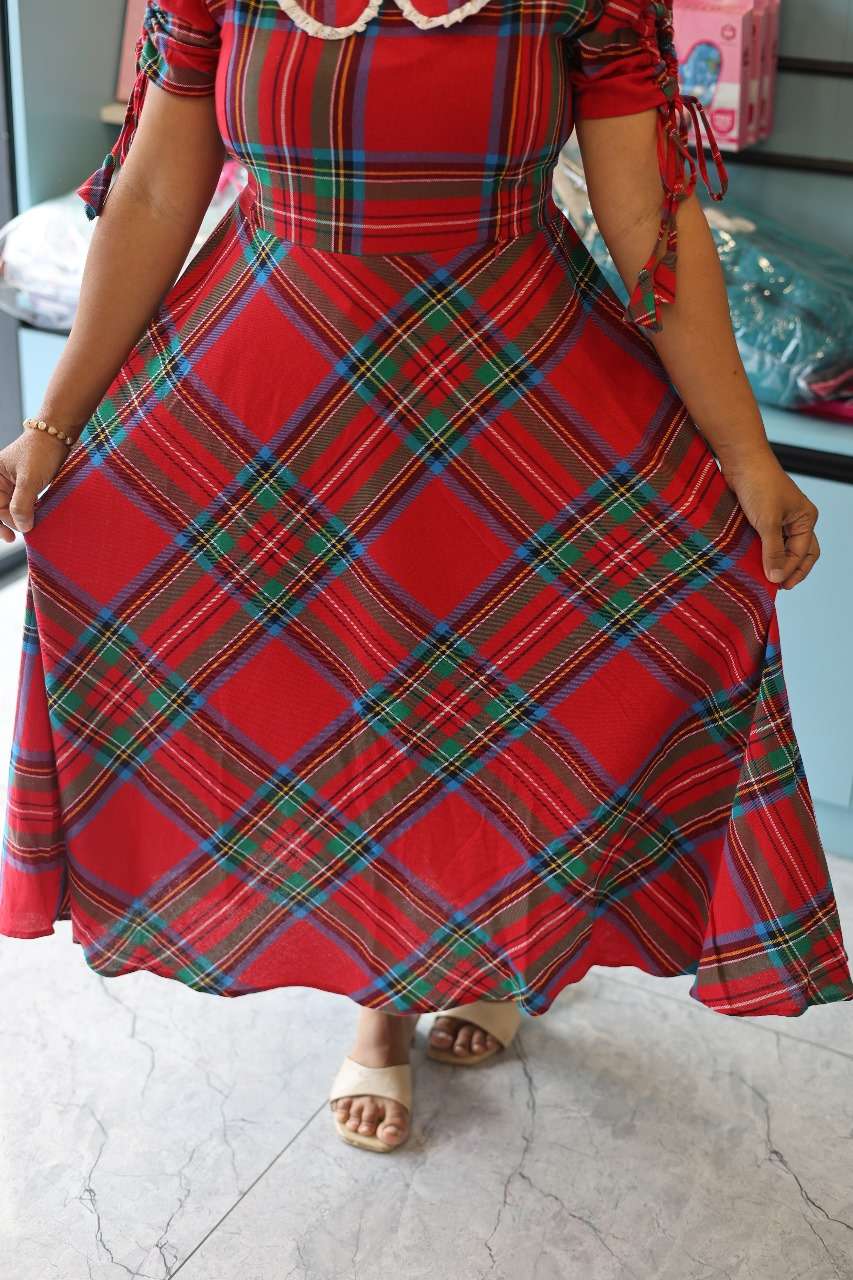 Red Check Peter Pan Collared Midi Dress | Designer Maternity Wear | Feeding Friendly Dress | Comfortable Pregnancy Outfit|MK-MW-1071